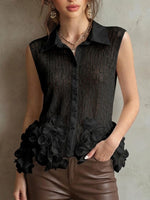 Lapel Button Front Hollow 3d Floral Sleeveless Lace Blouse
