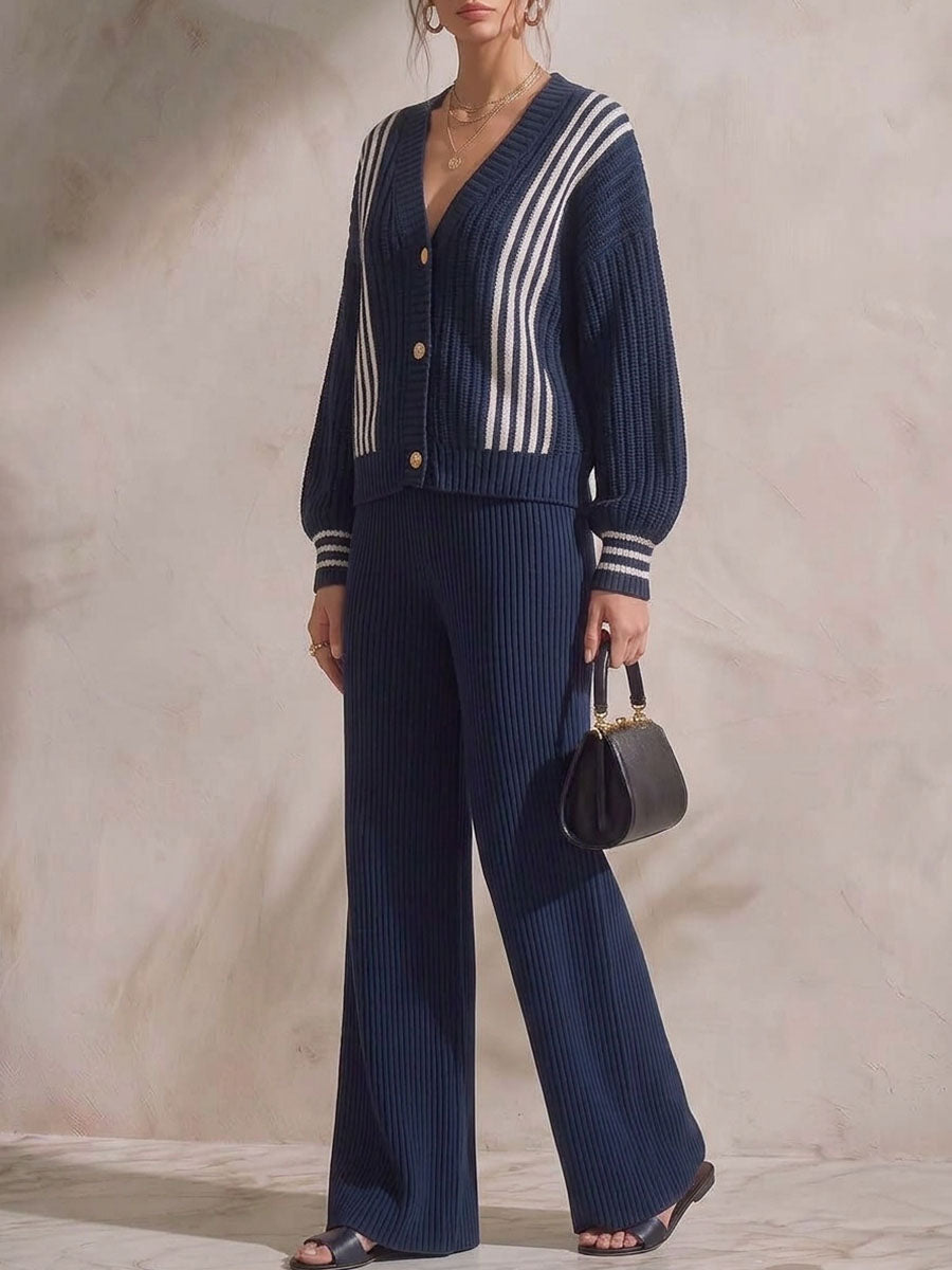 Women's Casual Loose Knit Set: V-neck Long-sleeve Cardigan And High-waisted Wide-leg Pants