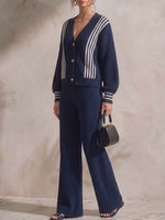 Women's Casual Loose Knit Set: V-neck Long-sleeve Cardigan And High-waisted Wide-leg Pants