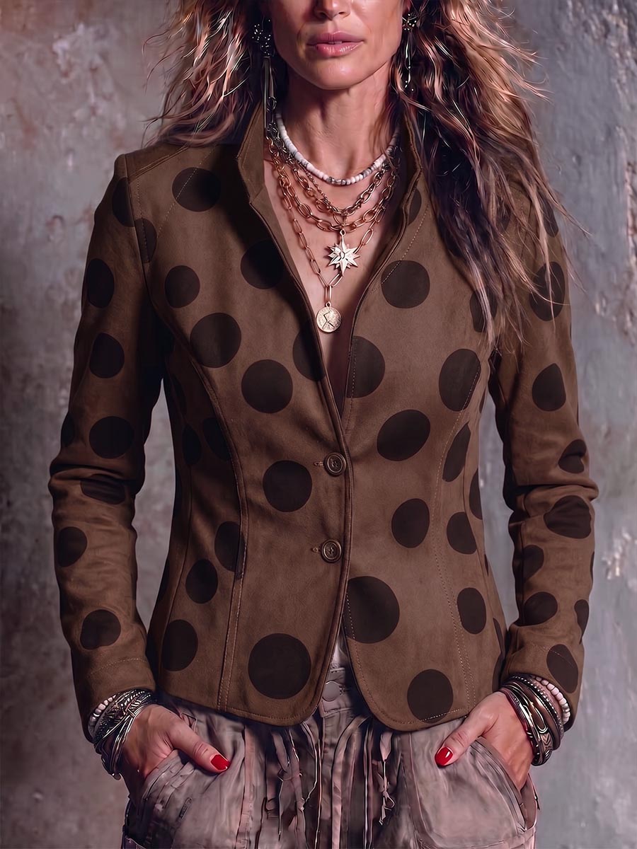 Women's Polka Dot Print Stand Collar Long-sleeved Casual Loose Faux Suede Jacket