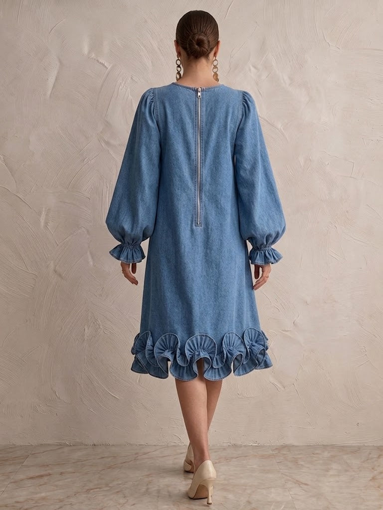 Elegant Ruffled Denim Midi Dress
