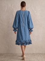 Elegant Ruffled Denim Midi Dress