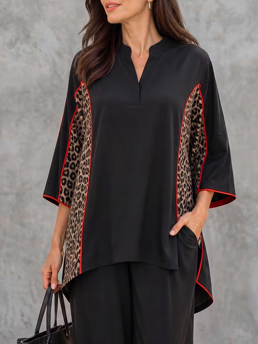 Chic Leopard Panel Red Trim V-neck Blouse
