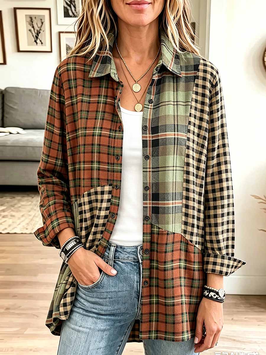 Women's Plaid Print Patchwork Collared Long-sleeved Casual Loose Cotton Linen Shirt