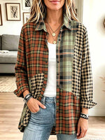 Women's Plaid Print Patchwork Collared Long-sleeved Casual Loose Cotton Linen Shirt