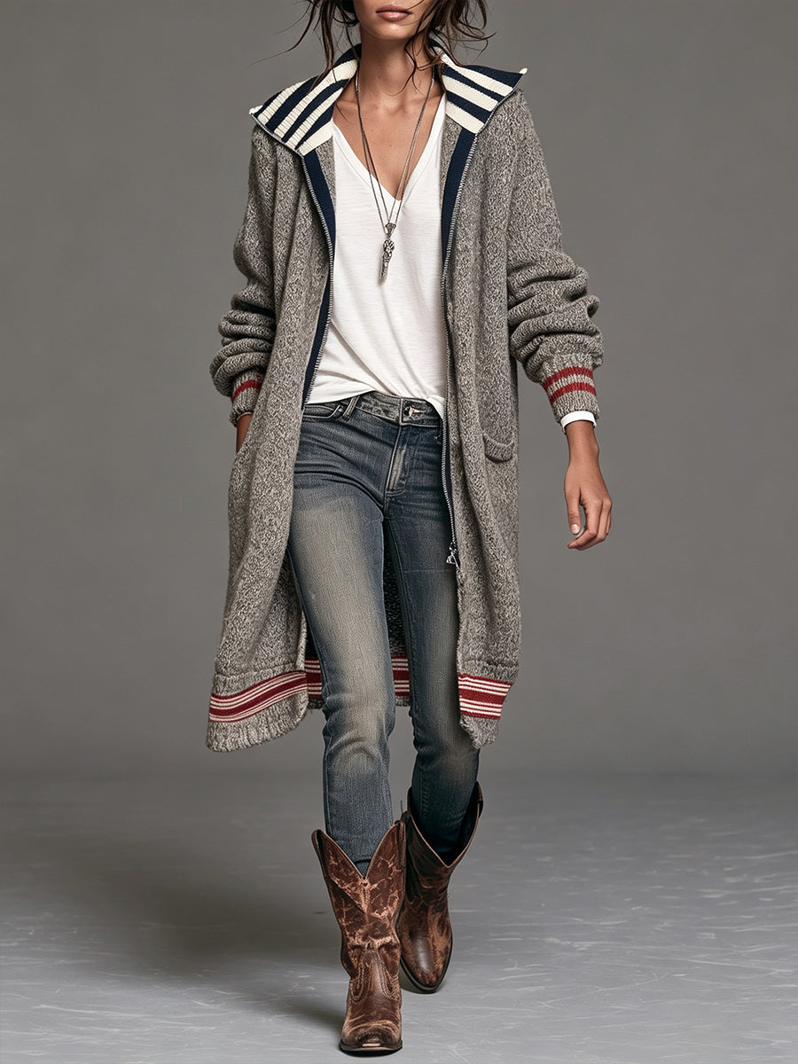 Chic Striped Long-line Knit Cardigan With A Sailor Collar And Zip Fastening.
