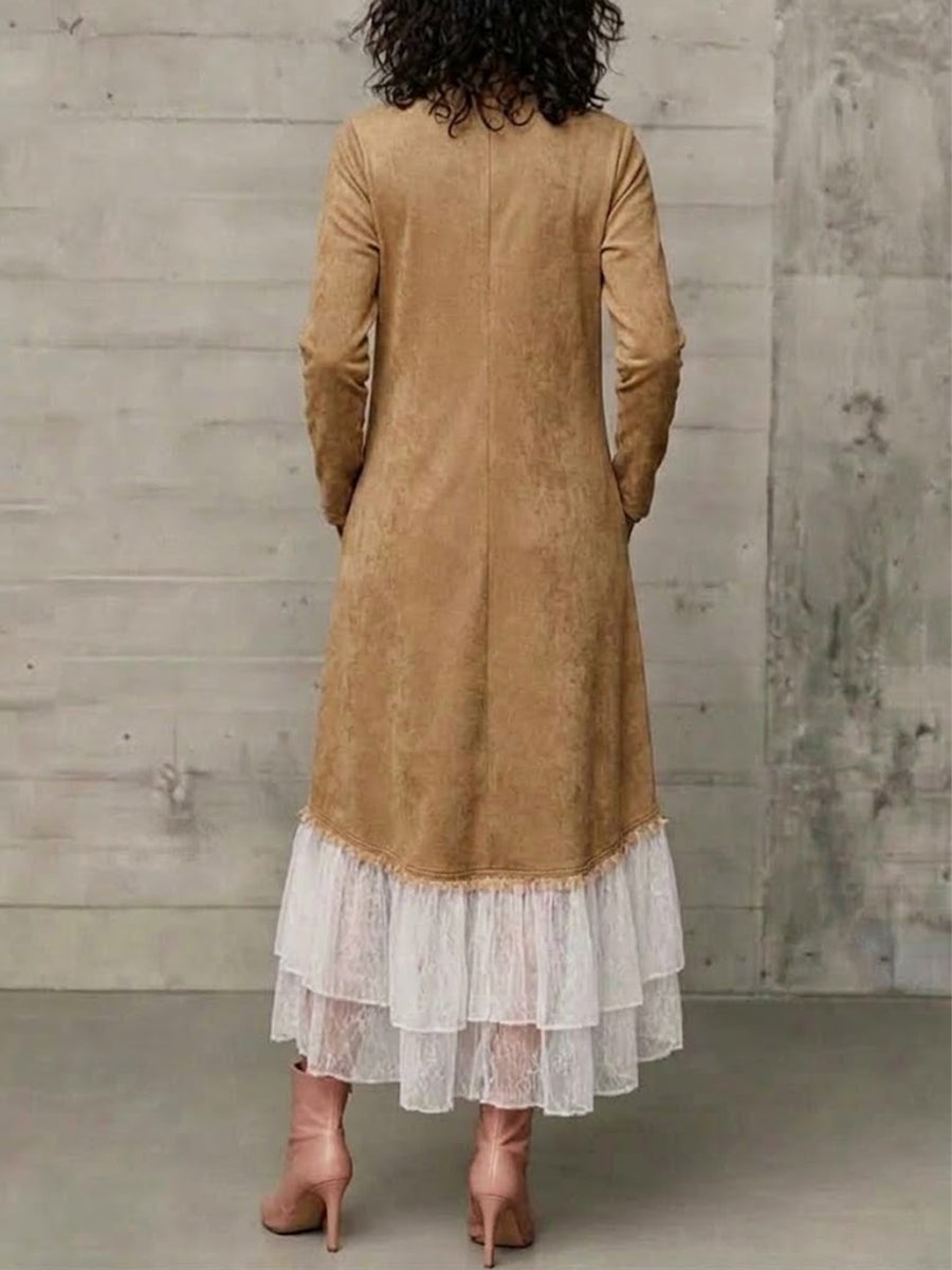 High-neck, Asymmetrical-button, Faux-suede And Mesh-panelled Irregular-hem Dress