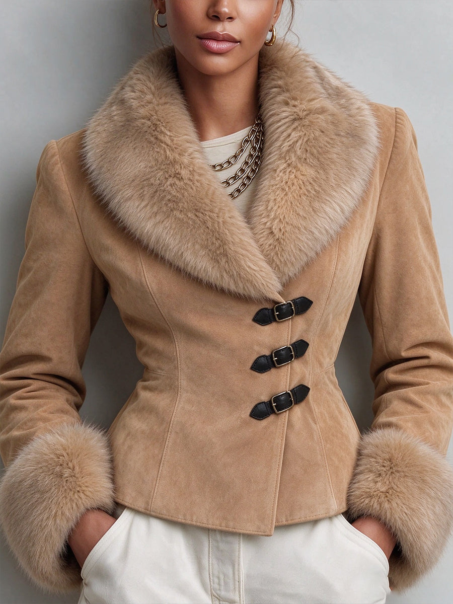 Luxurious Faux-suede Jacket With Fur Collar