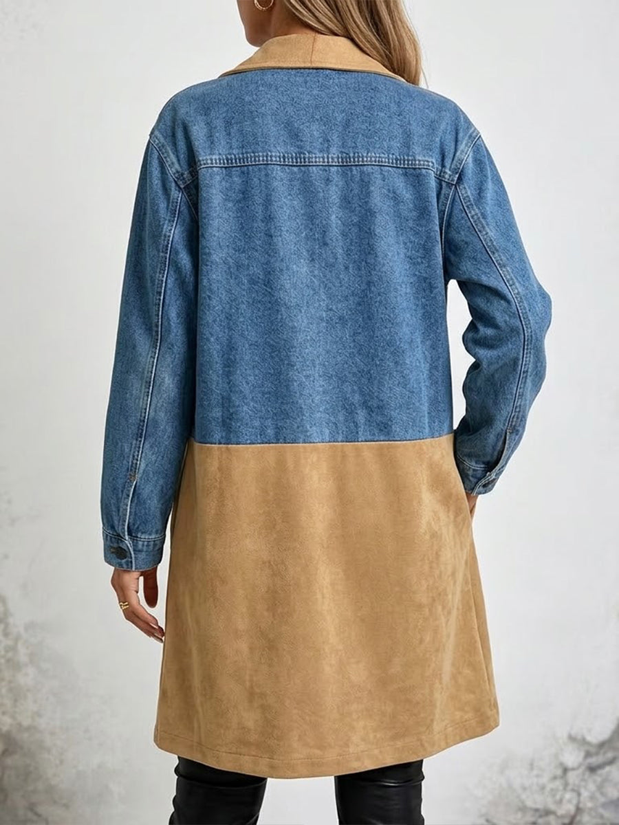 Relaxed-fit Mid-length Denim Trench Coat With Faux Suede Paneling