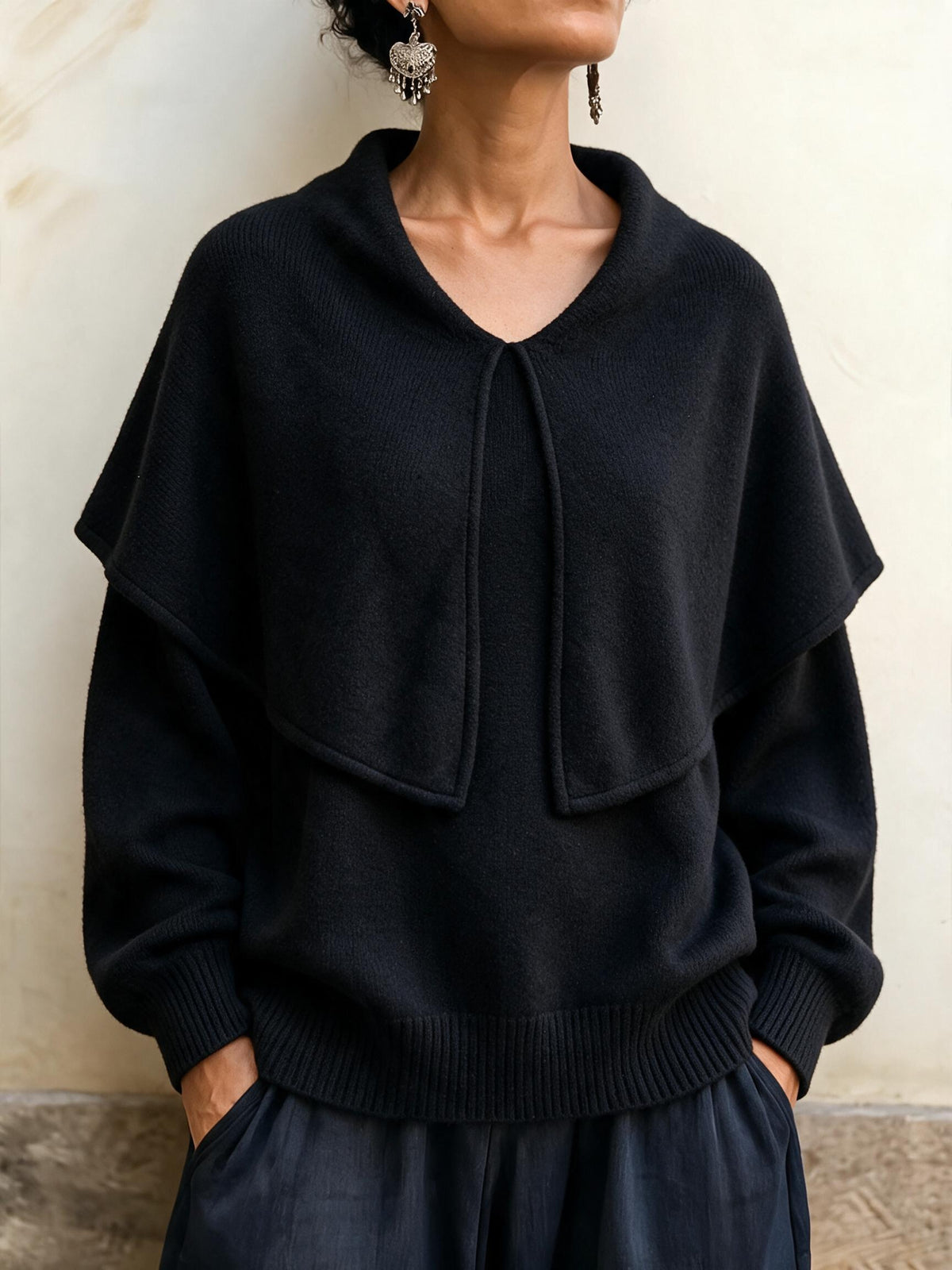 Elegant Layered Shawl Collar Knit Pullover