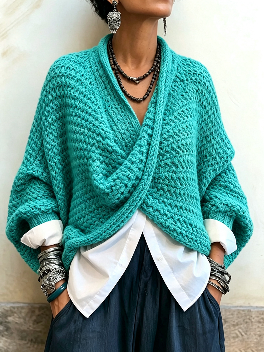Western Cozy Relaxed Batwing Sleeves Crossover V-neck Sweater
