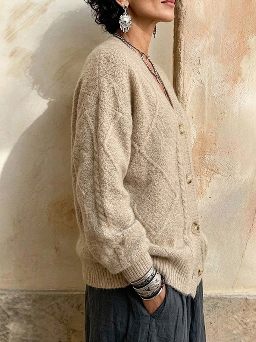 V-neck Single-breasted Cable-knit Cardigan