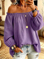 Women's Solid Color Off-shoulder Long-sleeved Casual Loose Cotton And Linen Top