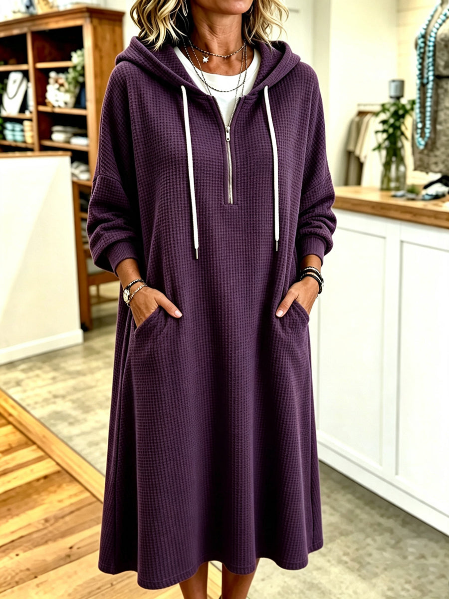 Relaxed-fit Casual Cotton Waffle-knit Hooded Dress