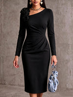 Women's Solid Color Asymmetrical Neckline 3d Rose Long Sleeve Casual Loose Dress