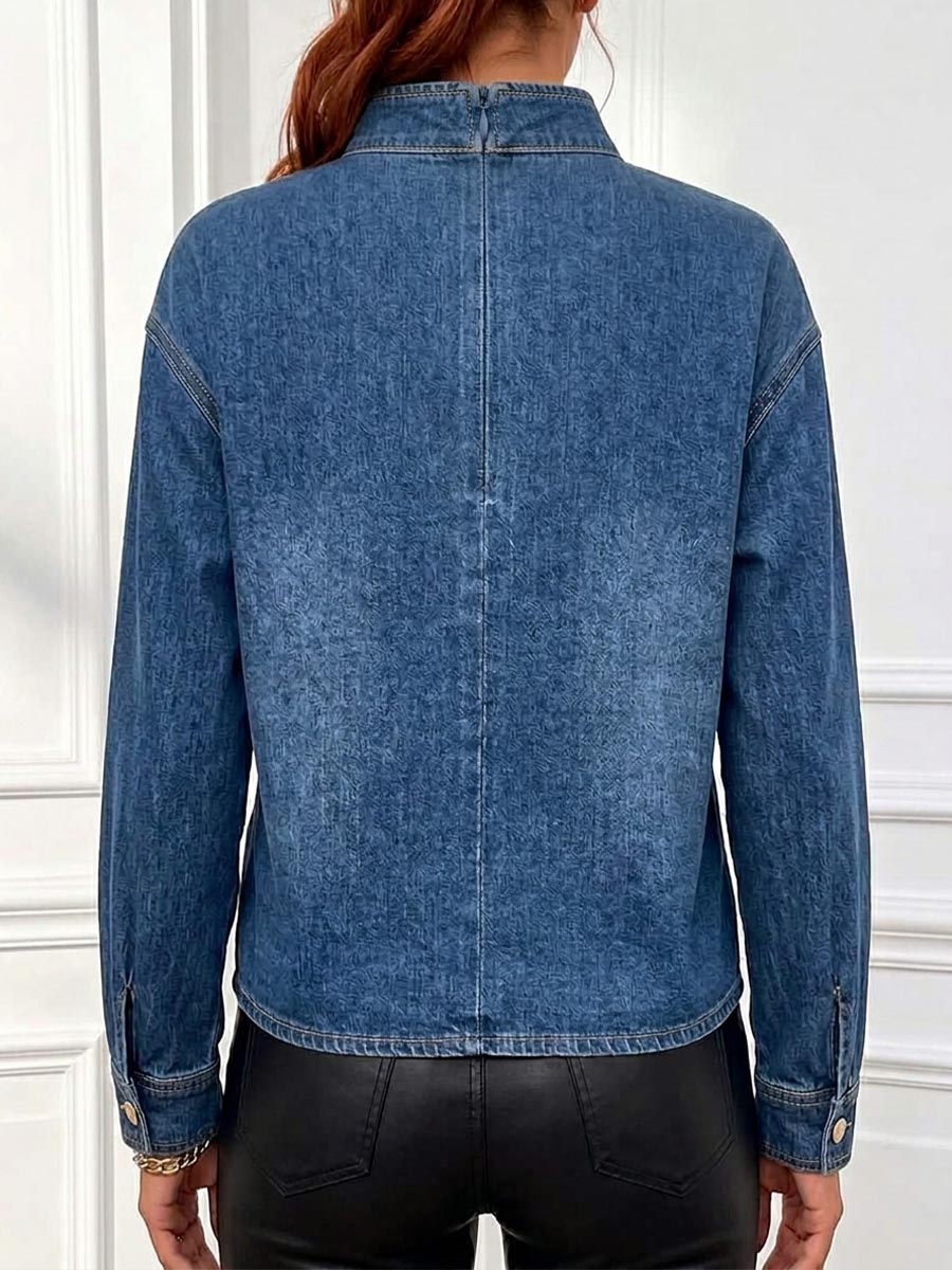 Women's Stand Collar Long Sleeve Casual Loose Denim Top