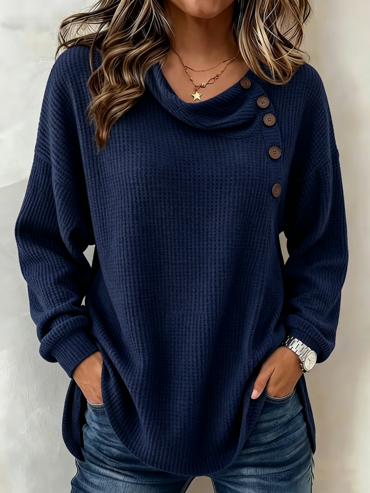 Women's Solid Color Waffle-knit Long-sleeve Button-down Casual Shirt / Comfortable Top