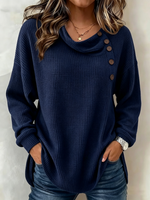 Women's Solid Color Waffle-knit Long-sleeve Button-down Casual Shirt / Comfortable Top