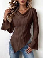 Ribbed Cowl-neck Knit Top With Asymmetric Hem And Flared Sleeves