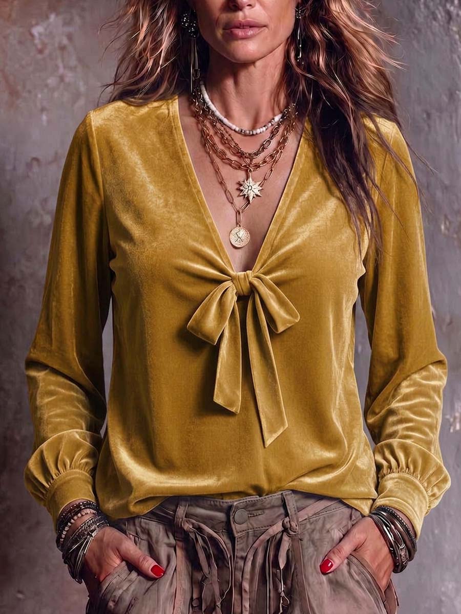 Women's Solid Color V-neck Tie-waist Long Sleeve Casual Loose Velvet Top