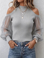 Women's Solid Color Stand Collar Off-shoulder Long-sleeve Casual Loose Chiffon And Knit Top