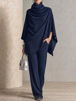 Two-piece Set Featuring A High-neck Cape-style Top And Wide-leg Trousers