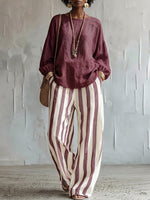 Comfortable Classic Striped Cotton-linen Two-piece Set