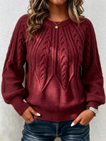 Vertical Cable Knit Raglan Balloon‑sleeve Crew Neck Sweater