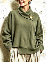 Asymmetric Wrap Collar Ribbed Knit Pullover Sweater