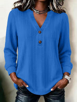 Textured Henley V-Neck Long Sleeve Blouse