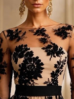 Elegant And Exquisite Floral Lace And Mesh Midi Evening Dress