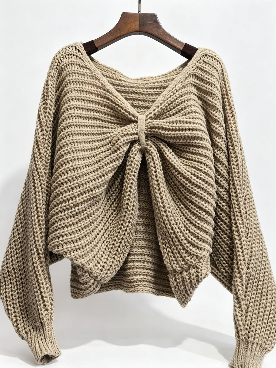 Chic Loose-fit Knit Sweater With Front Lacing And Batwing Sleeves