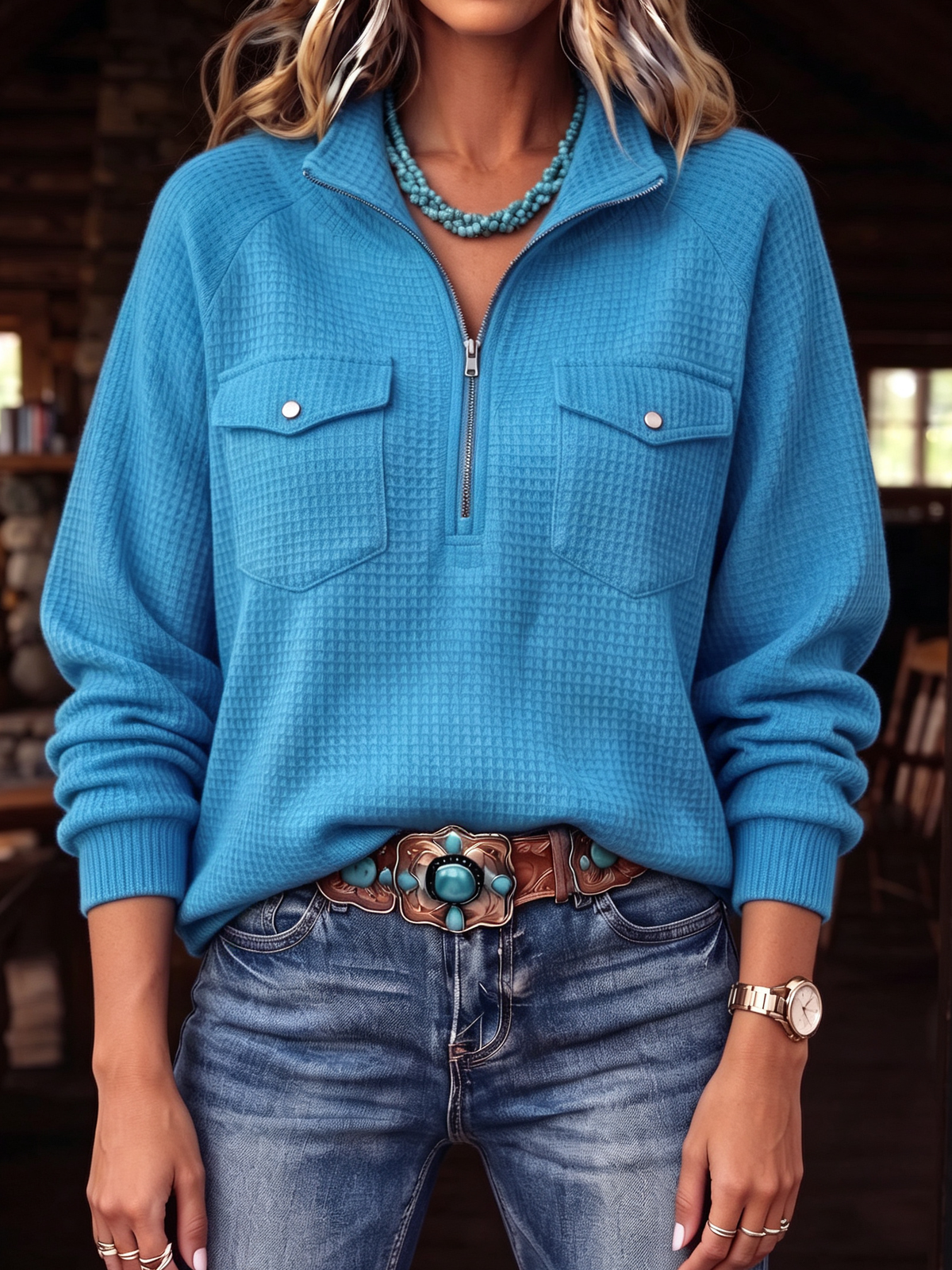 Casual Chic Utility Waffle Knit Zip-up Sweater Top