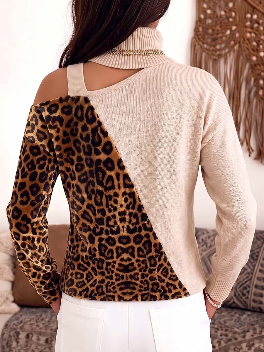 Women's High-neck Hollow-out Long-sleeved Casual Loose Knitted Patchwork Leopard Print Top