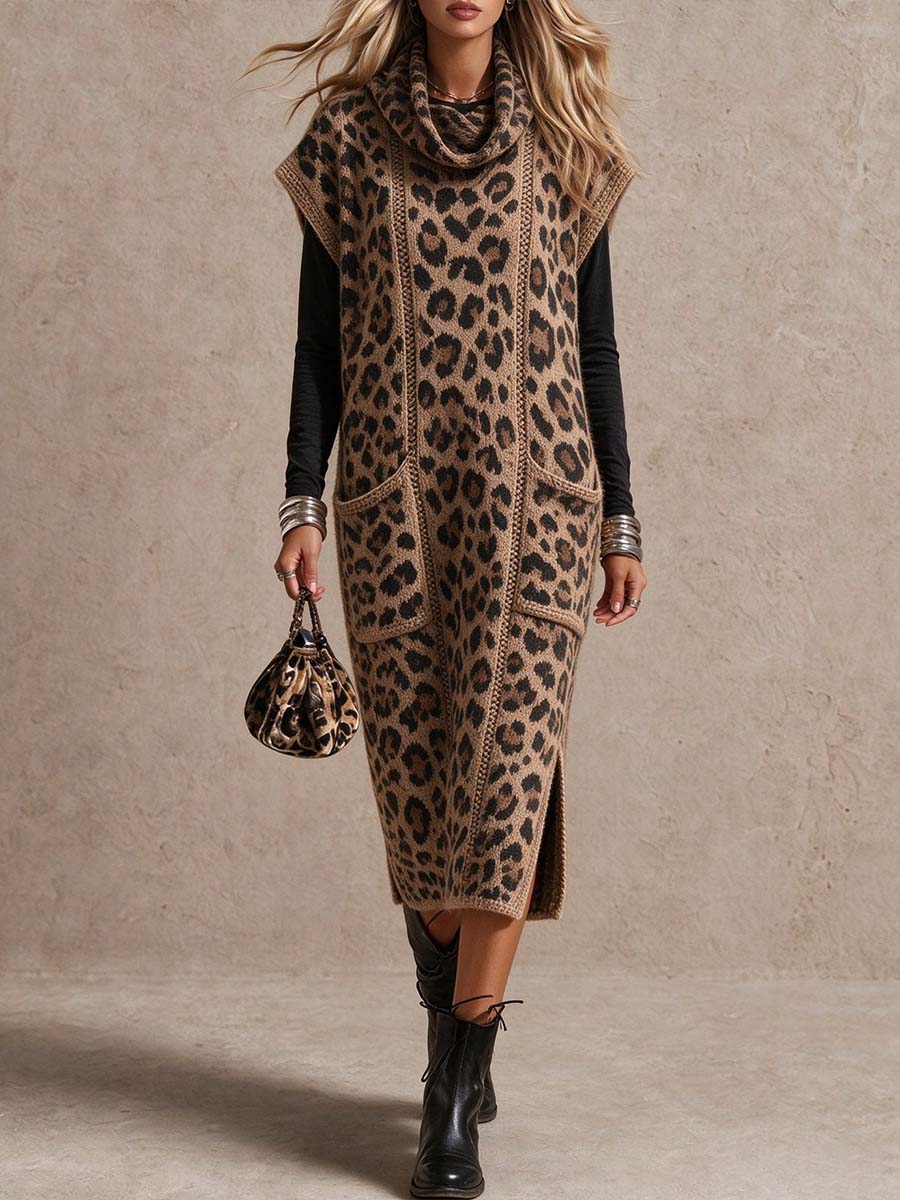 Sleeveless Leopard Print Cowl Neck Midi Sweater Dress
