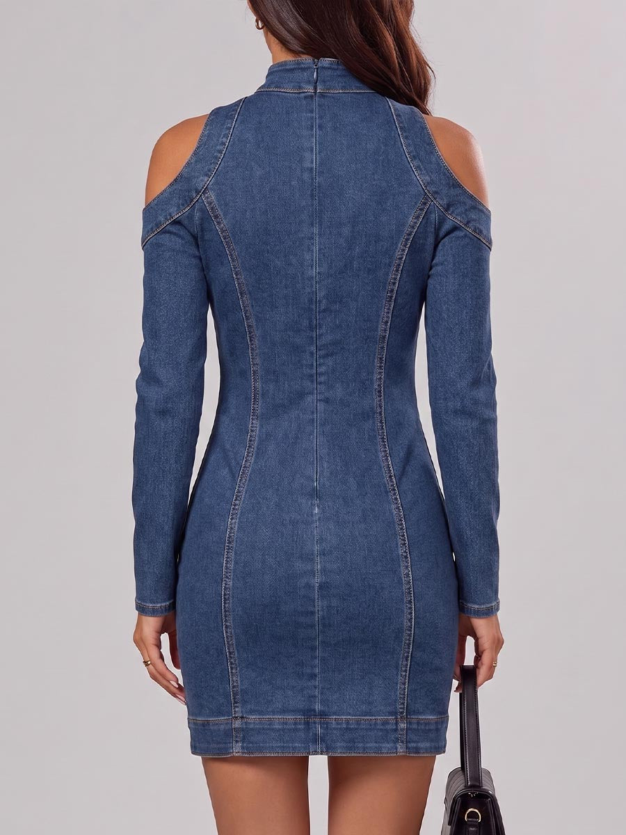 Women's Stand-up Collar Off-shoulder Long-sleeve Round Metal Hollow-out Casual Slim-fit Denim Dress