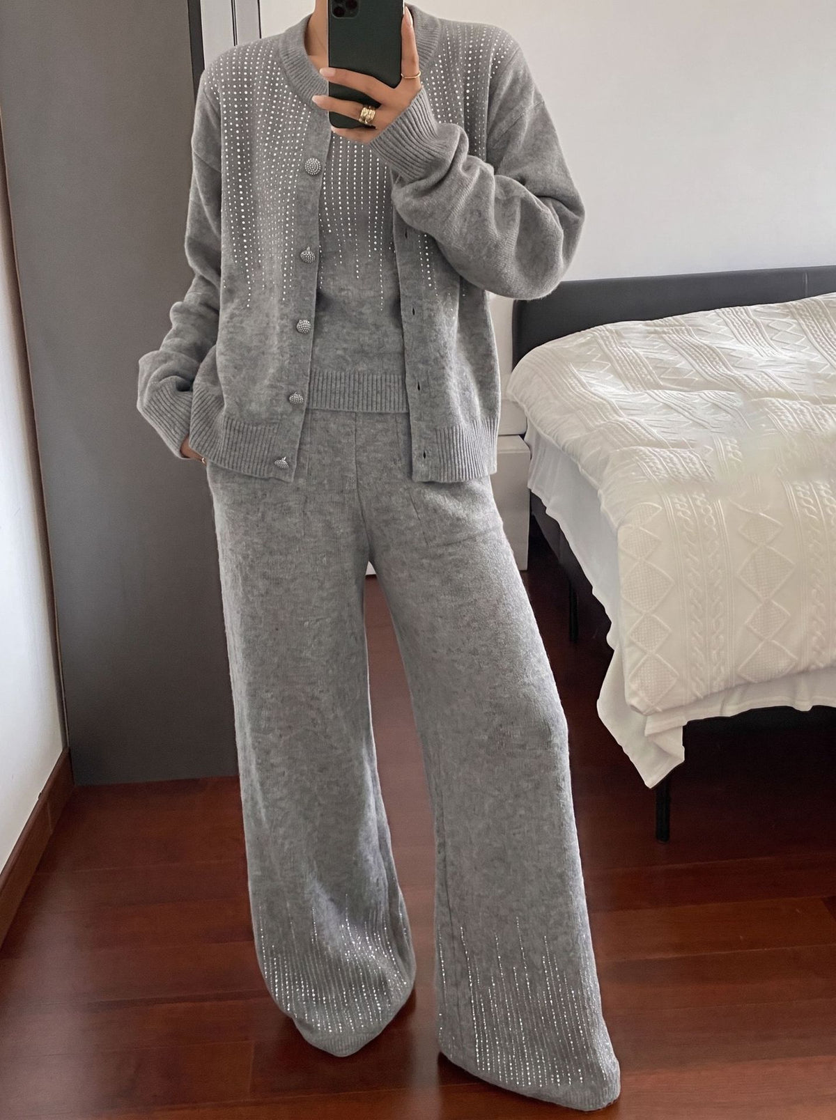 Comfortable Rhinestone Embellished Knit Three-Piece Set