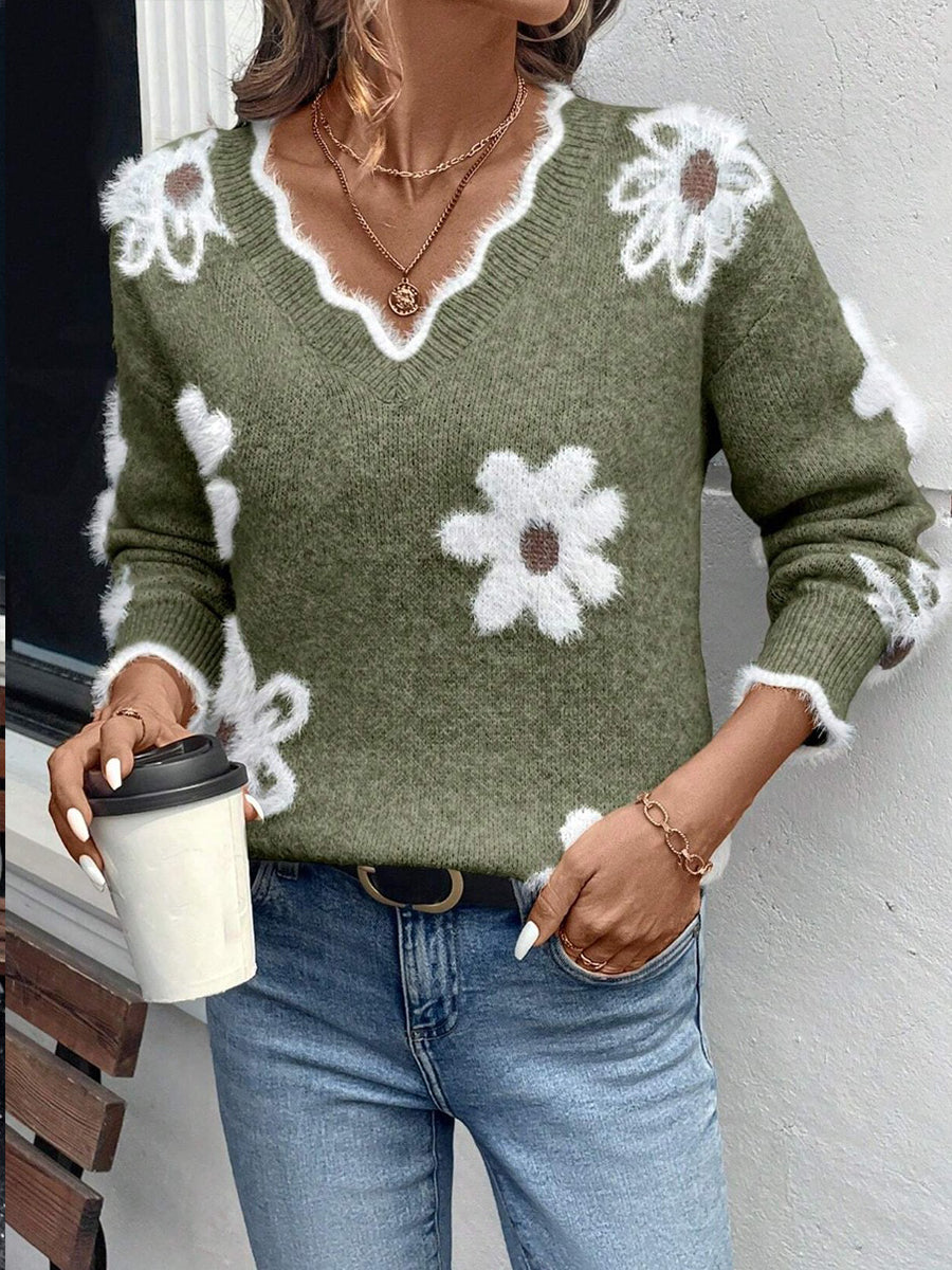 Cozy Floral Knit Scalloped V-Neck Sweater