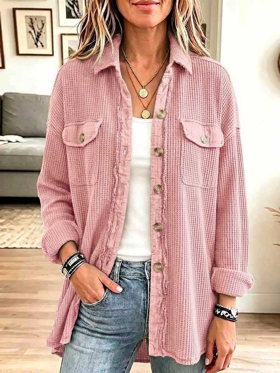 Women's Solid Color Collared Long-sleeved Casual Loose Waffle Shirt