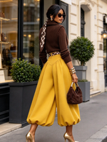 Chic Street Style Vibrant Yellow Elastic Waist Trousers