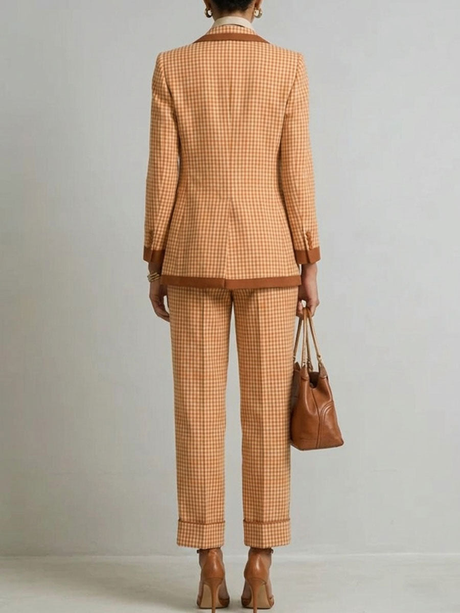 Women's Vintage Plaid Two-piece Suit Set With Contrast Trim