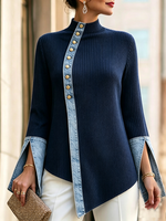 Elegant Stand-up Collar Denim Patchwork Knit Top