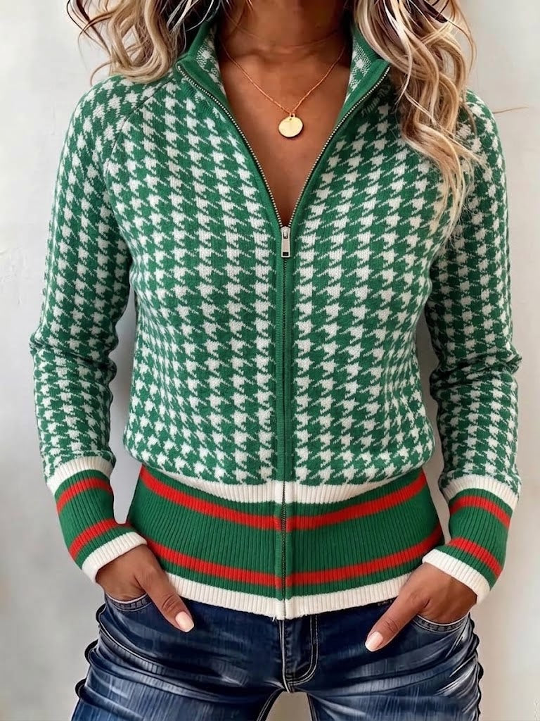 Houndstooth Zip-up Knit Cardigan With Stand Collar