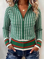 Houndstooth Zip-up Knit Cardigan With Stand Collar