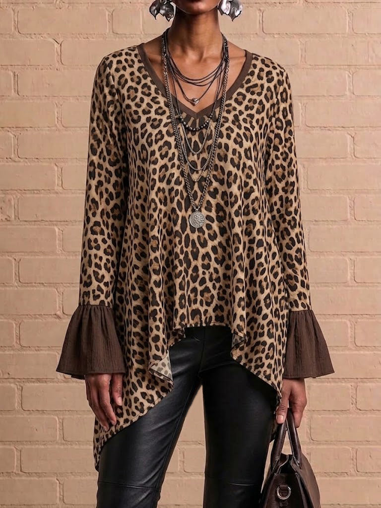 Leopard Print Paneled Asymmetric‑hem V‑neck Long‑sleeve Top