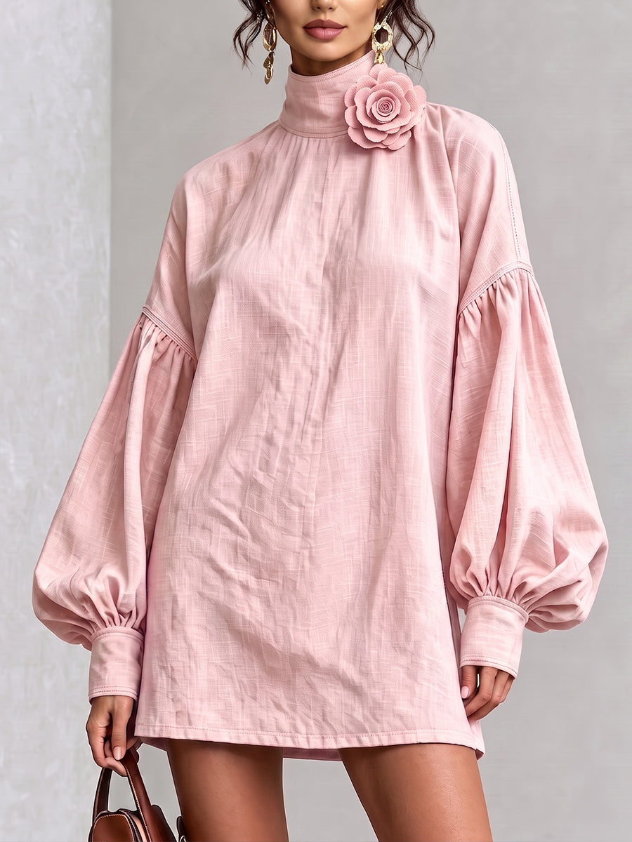 Chic Blush Pink Flower Lantern Sleeve Mini Dress