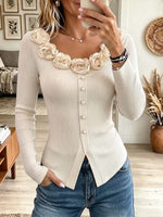 3D Rose Neckline Single-Breasted Ribbed Knit Top