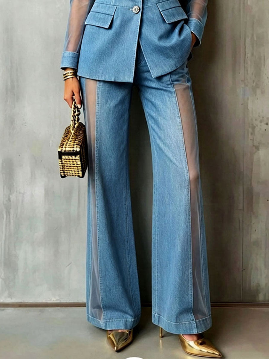 Chic Sheer-paneled Denim Blazer Jacket