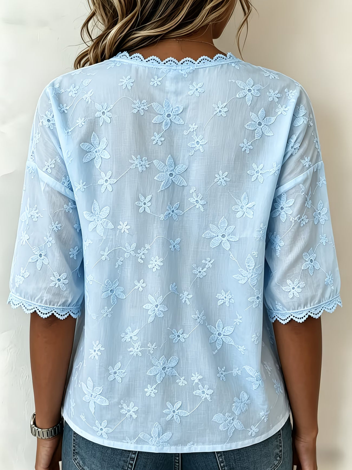 Vintage-style Casual Short-sleeve Shirt Featuring A V-neck, Lace Cut-out Patchwork, And Embroidery