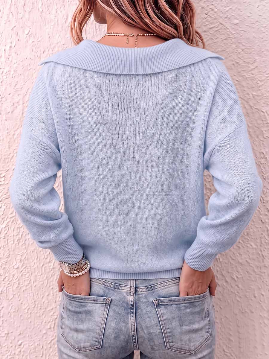 Women's Solid Color Collared Long Sleeve Casual Loose Knit Top